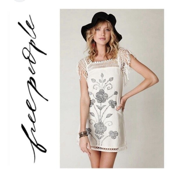 Free People Cotton Linen Embroidered Crochet Fringe Hippy Boho Dress, Sz. 8 - Picture 2 of 13